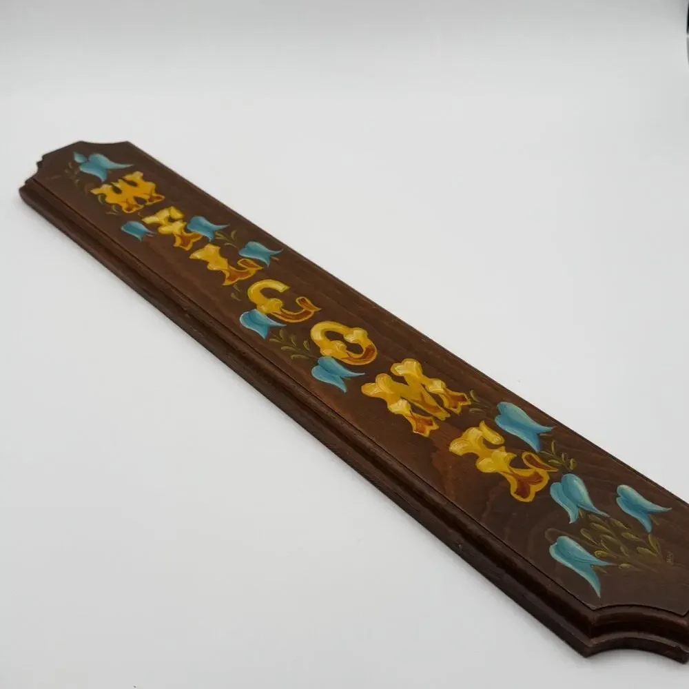Vintage Welcome Sign Wood Wall Hanging Hand Painted Floral Folk Art Farmhouse